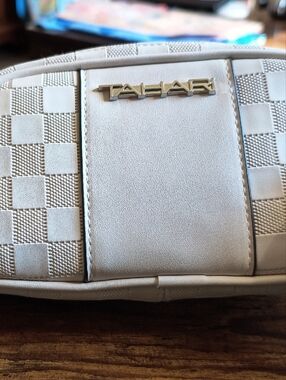 Tahari Cream Textured Crossbody Pouch with Logo Tag